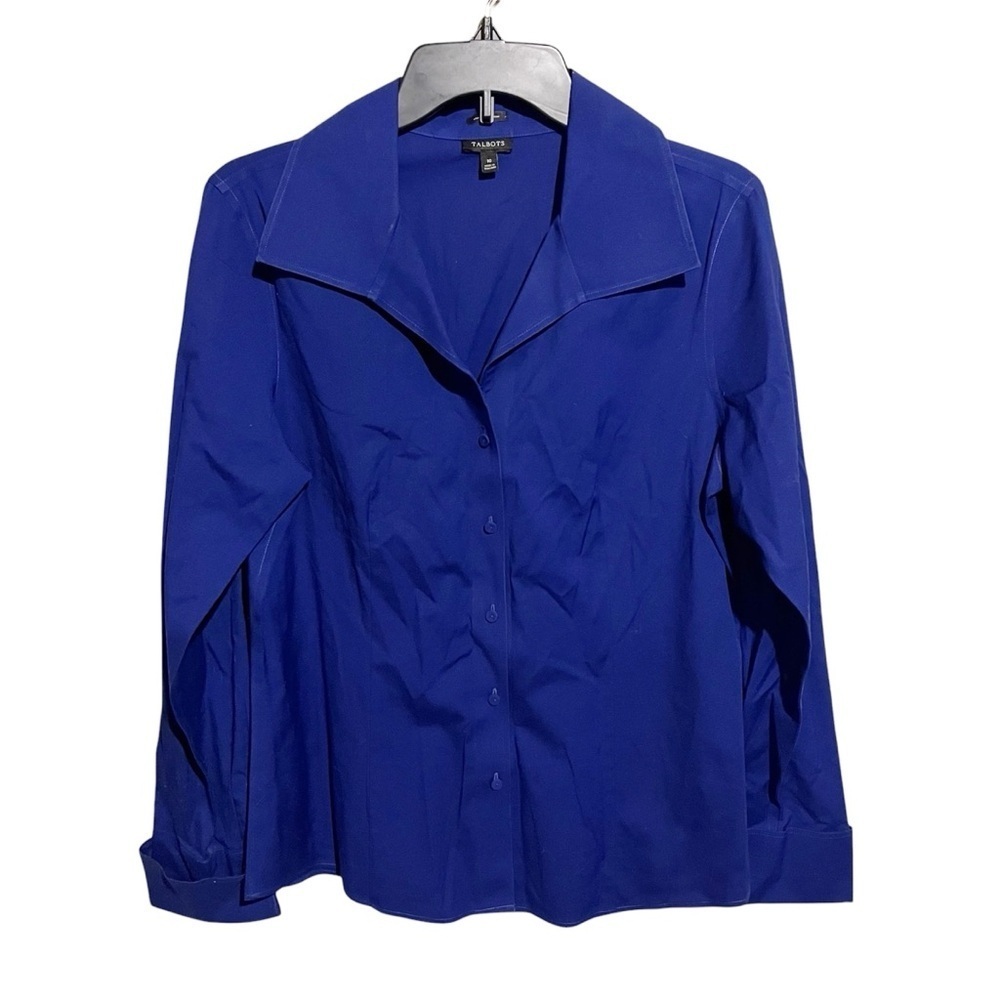 Talbots Button Front Shirt Top Women's Size 10 Deep Royal Blue Solid Classic